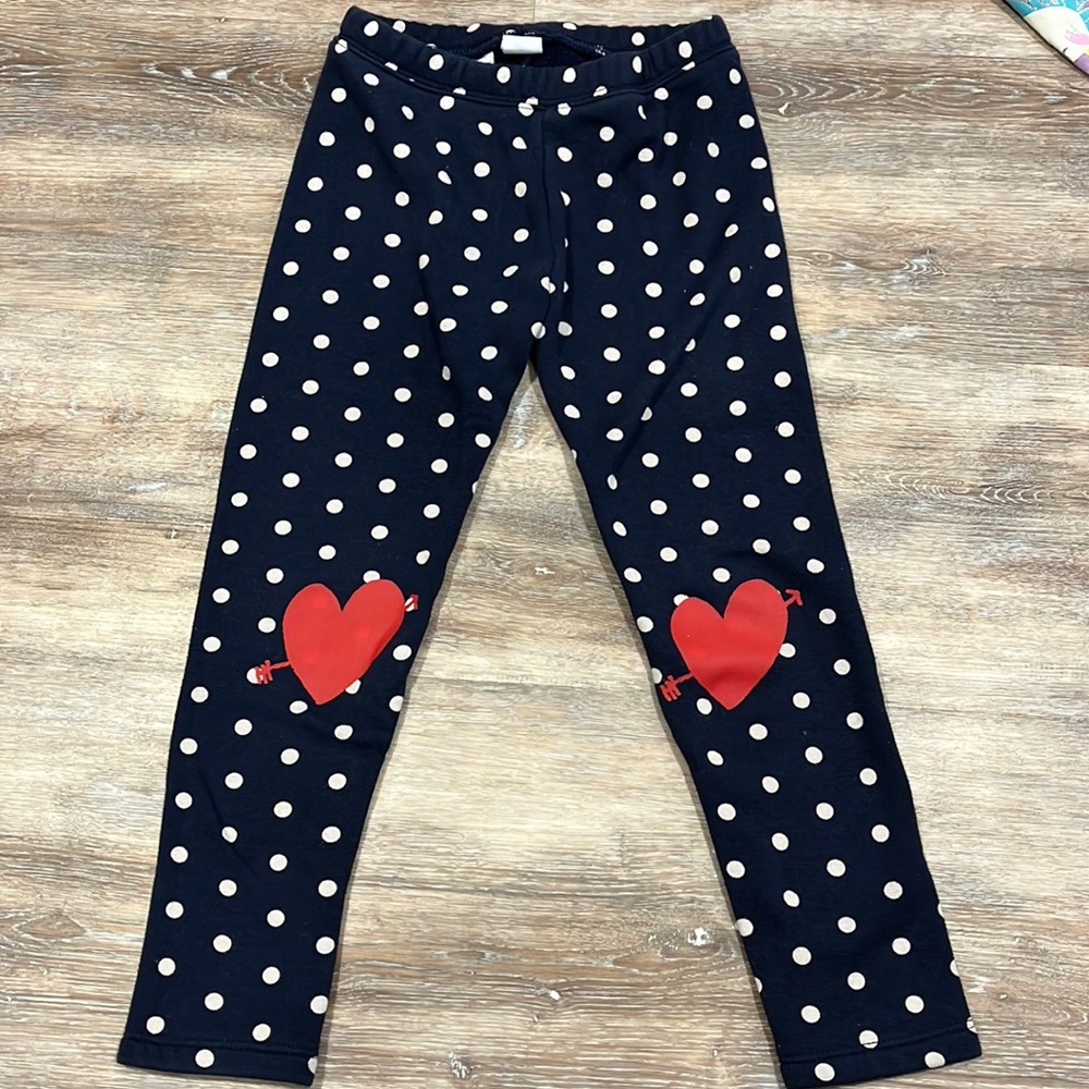 Gap Girls Navy Polka Dot fleece lined leggings with heart decal, size 5T